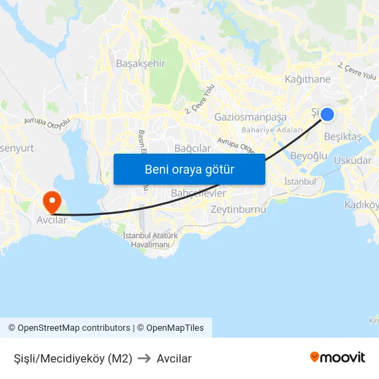 Şişli/Mecidiyeköy (M2) to Avcilar map
