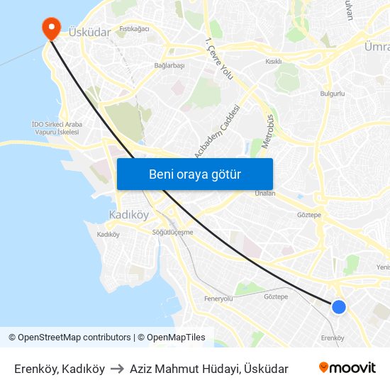 Erenköy, Kadıköy to Aziz Mahmut Hüdayi, Üsküdar map