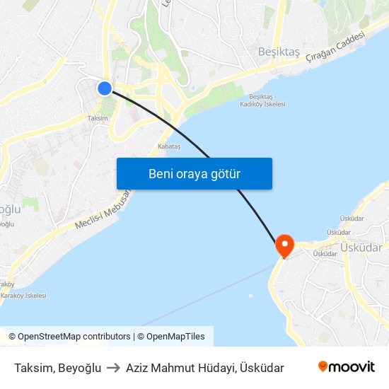 Taksim, Beyoğlu to Aziz Mahmut Hüdayi, Üsküdar map
