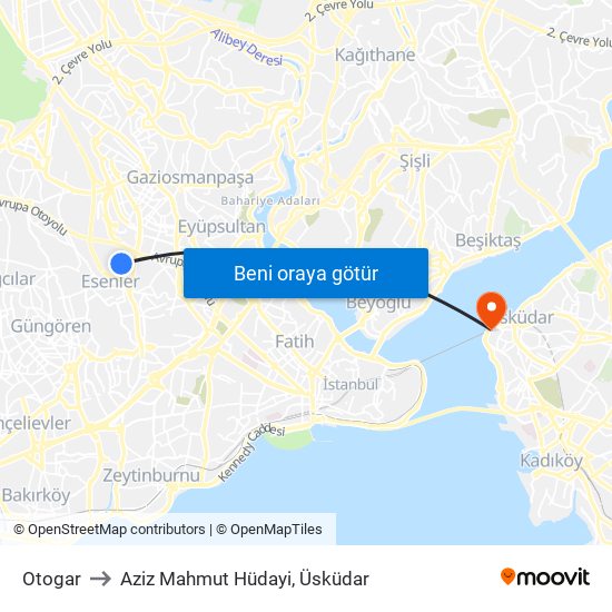 Otogar to Aziz Mahmut Hüdayi, Üsküdar map