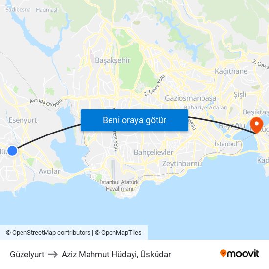 Güzelyurt to Aziz Mahmut Hüdayi, Üsküdar map