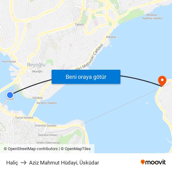 Haliç to Aziz Mahmut Hüdayi, Üsküdar map