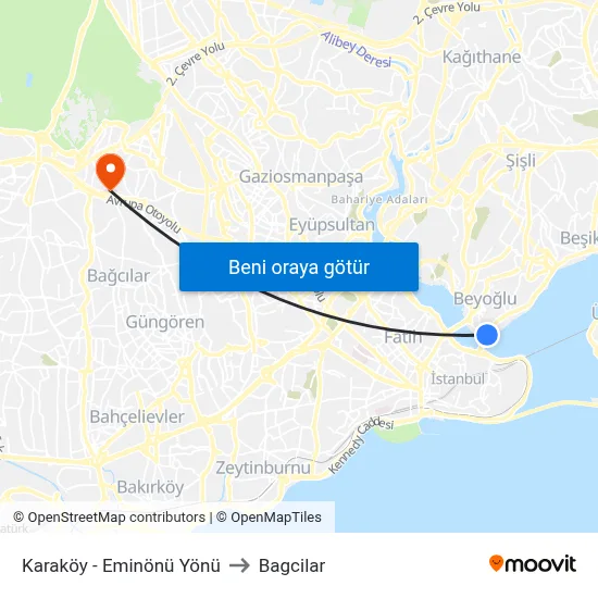 Karaköy - Eminönü Yönü to Bagcilar map