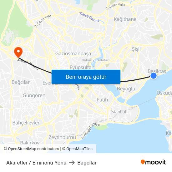 Akaretler / Eminönü Yönü to Bagcilar map