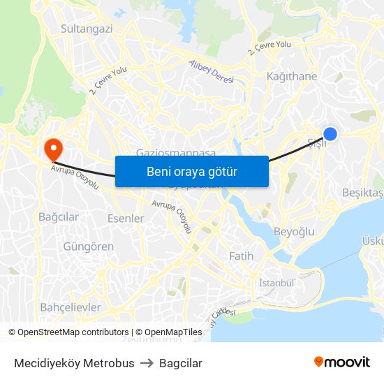 Mecidiyeköy Metrobus to Bagcilar map