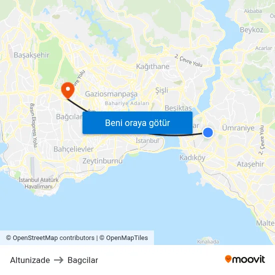 Altunizade to Bagcilar map