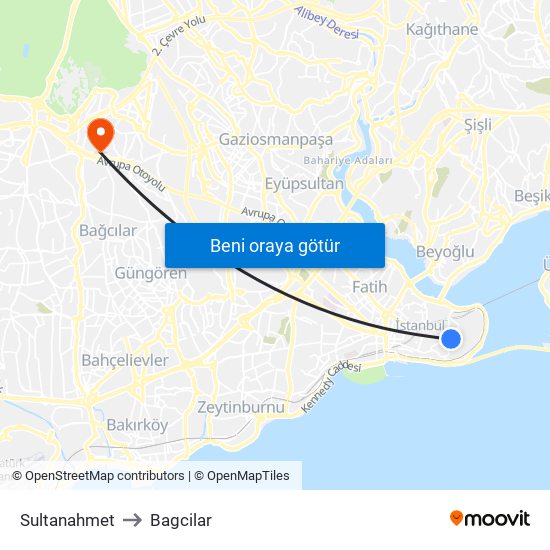 Sultanahmet to Bagcilar map