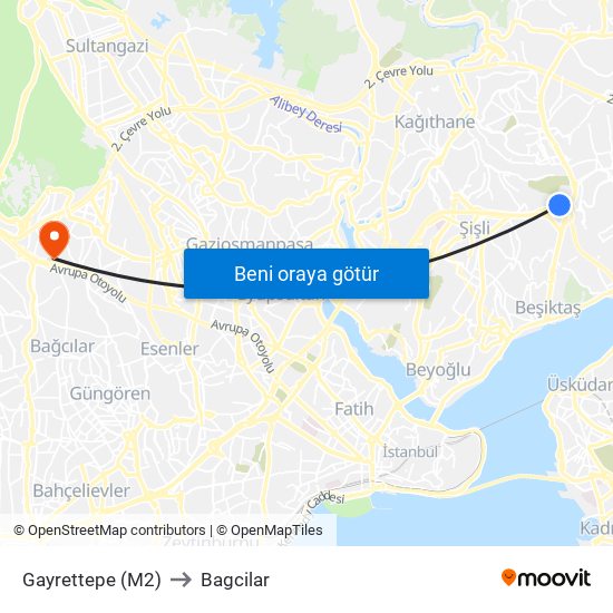 Gayrettepe (M2) to Bagcilar map