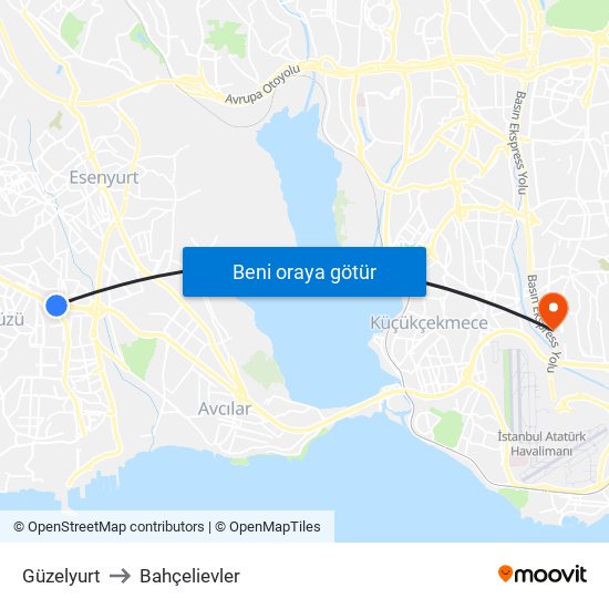 Güzelyurt to Bahçelievler map
