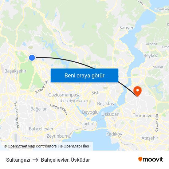 Sultangazi to Bahçelievler, Üsküdar map