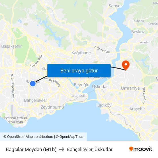 Bağcılar Meydan (M1b) to Bahçelievler, Üsküdar map