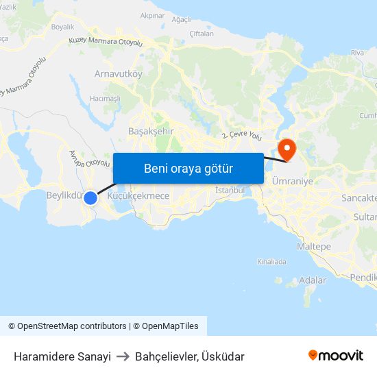 Haramidere Sanayi to Bahçelievler, Üsküdar map