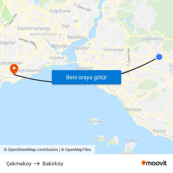 Çekmekoy to Bakirköy map