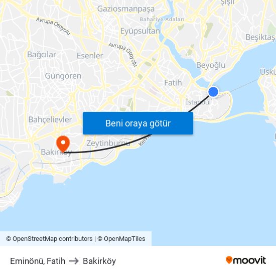 Eminönü, Fatih to Bakirköy map