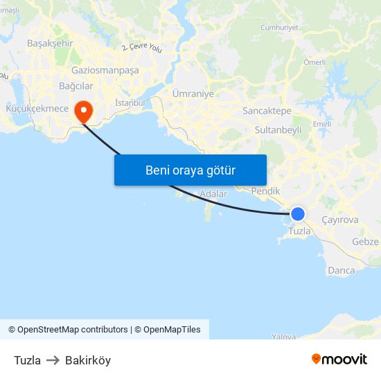 Tuzla to Bakirköy map