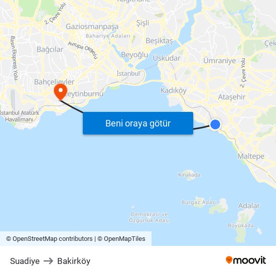 Suadiye to Bakirköy map