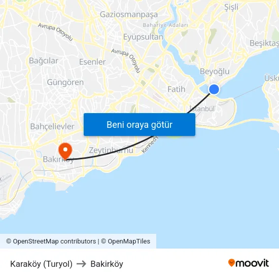 Karaköy (Turyol) noktasından Bakirköy noktasına toplu taşıma ile ulaşım