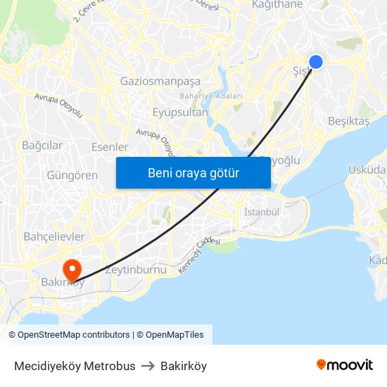 Mecidiyeköy Metrobus to Bakirköy map