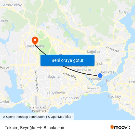 Taksim, Beyoğlu to Basaksehir map