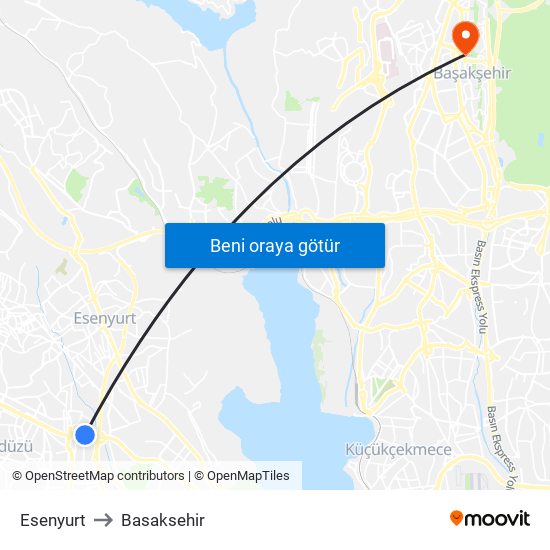 Esenyurt to Basaksehir map