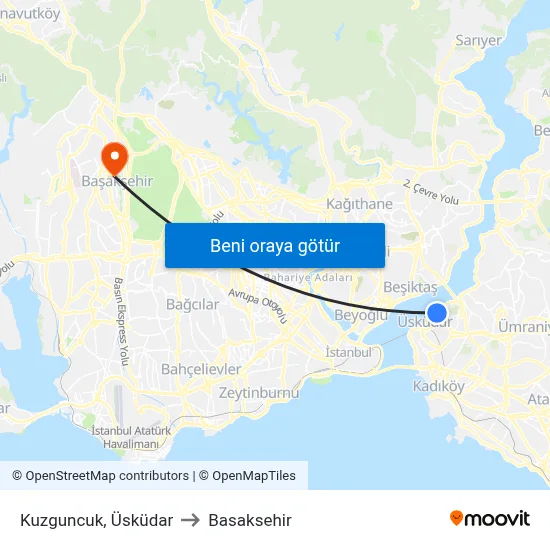 Kuzguncuk, Üsküdar to Basaksehir map
