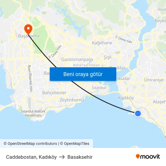 Caddebostan, Kadıköy to Basaksehir map
