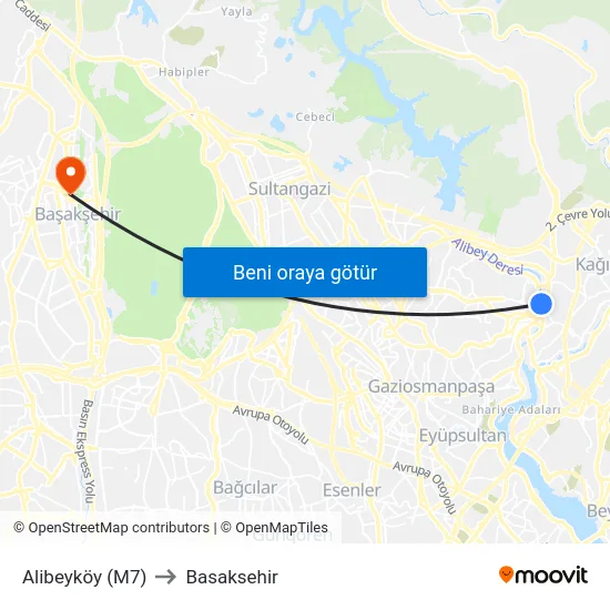 Alibeyköy (M7) to Basaksehir map