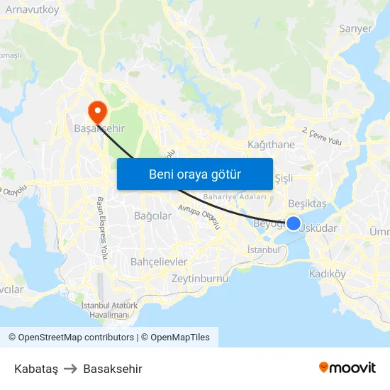 Kabataş to Basaksehir map