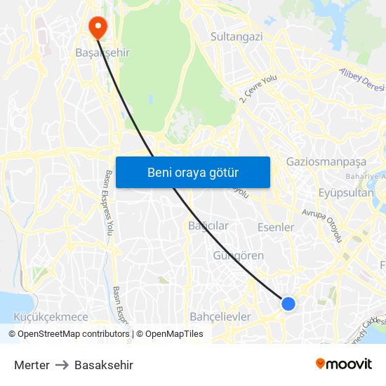 Merter to Basaksehir map