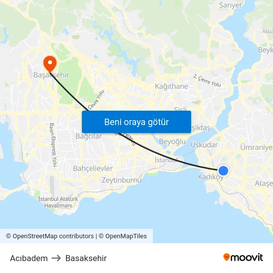 Acıbadem to Basaksehir map