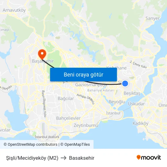 Şişli/Mecidiyeköy (M2) to Basaksehir map