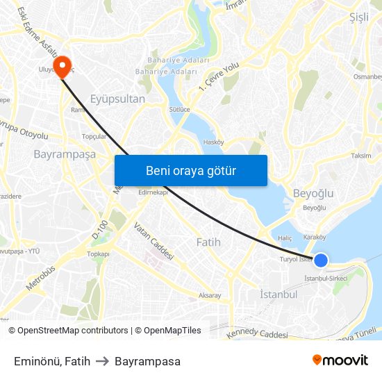 Eminönü, Fatih to Bayrampasa map