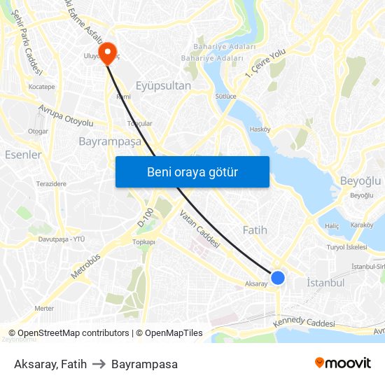 Aksaray, Fatih to Bayrampasa map