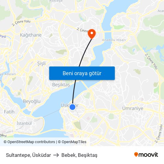 Sultantepe, Üsküdar to Bebek, Beşiktaş map