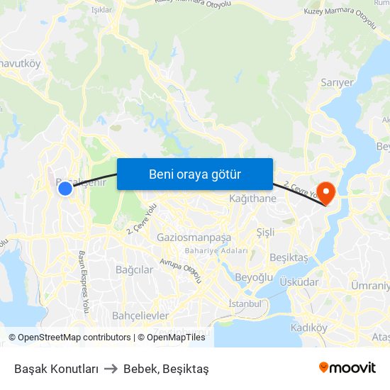 Başak Konutları to Bebek, Beşiktaş map