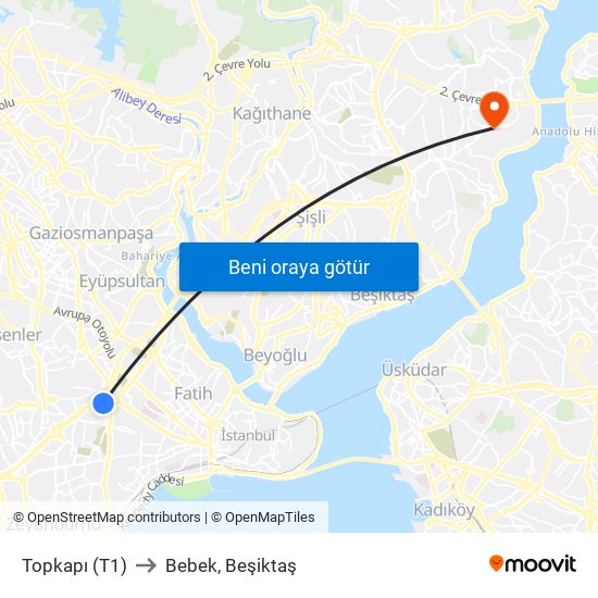 Topkapı (T1) to Bebek, Beşiktaş map