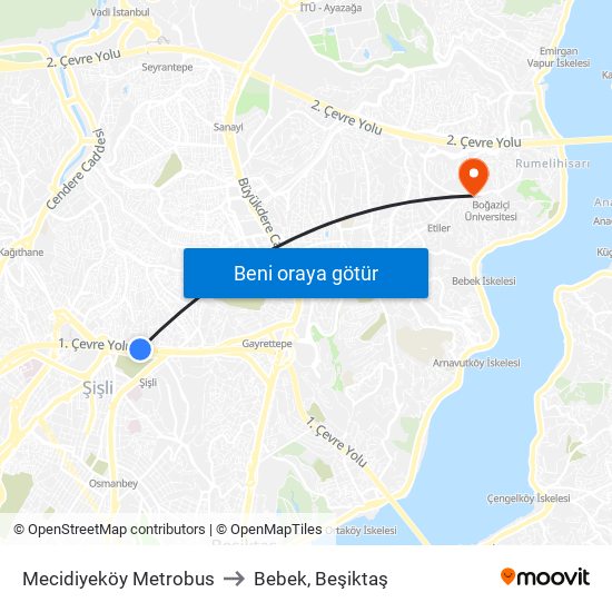 Mecidiyeköy Metrobus to Bebek, Beşiktaş map