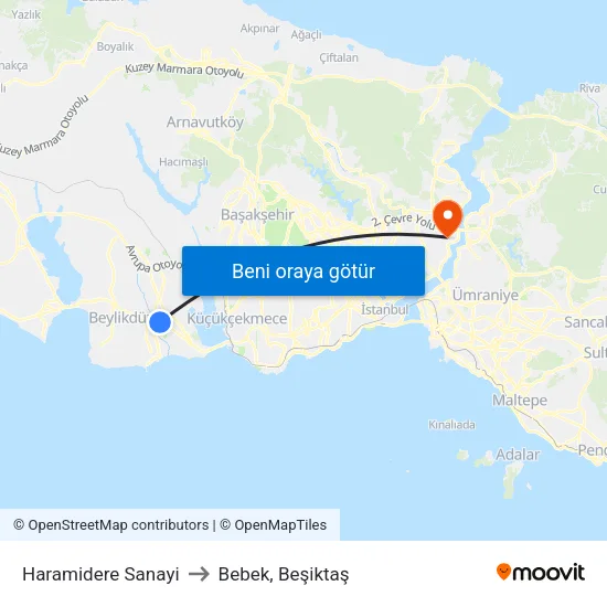 Haramidere Sanayi Sitesi - Avcılar Yönü to Bebek, Beşiktaş map