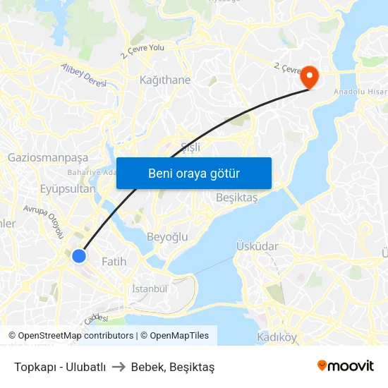 Topkapı - Ulubatlı to Bebek, Beşiktaş map