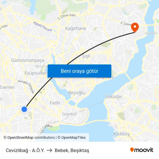 Cevizlibağ - A.Ö.Y. to Bebek, Beşiktaş map