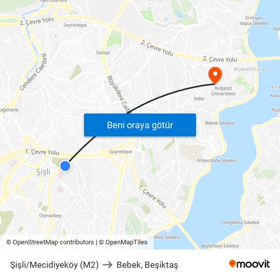 Şişli/Mecidiyeköy (M2) to Bebek, Beşiktaş map