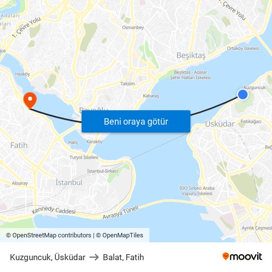 Kuzguncuk, Üsküdar to Balat, Fatih map