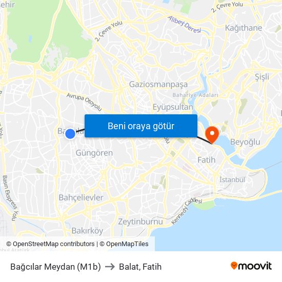 Bağcılar Meydan (M1b) to Balat, Fatih map