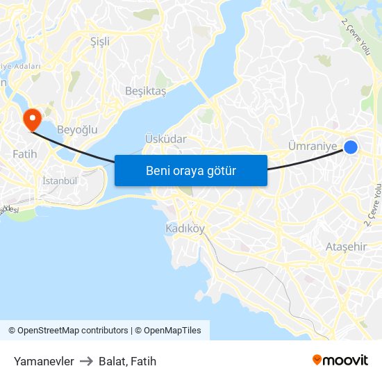 Yamanevler to Balat, Fatih map