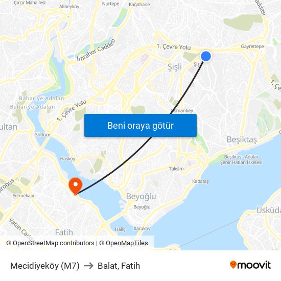 Mecidiyeköy (M7) to Balat, Fatih map