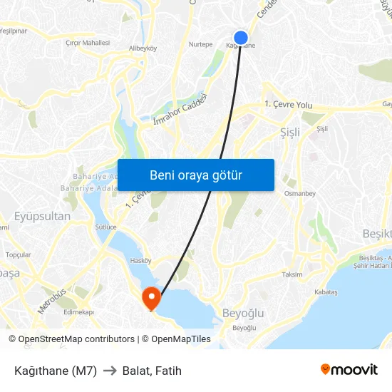 Kağıthane (M7) to Balat, Fatih map