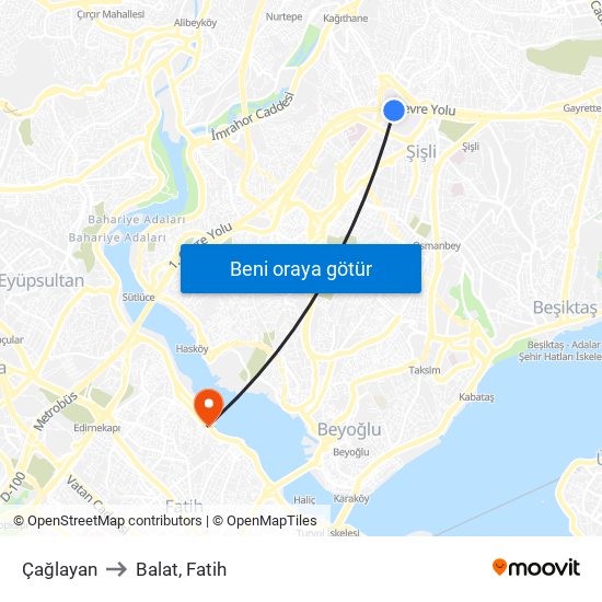 Çağlayan to Balat, Fatih map