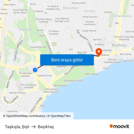 Taşkışla, Şişli to Beşiktaş map