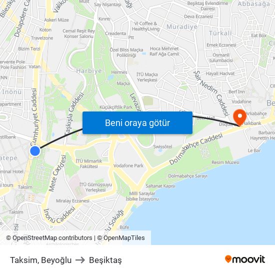 Taksim, Beyoğlu to Beşiktaş map