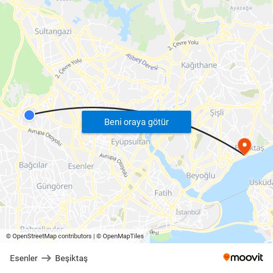 Esenler to Beşiktaş map